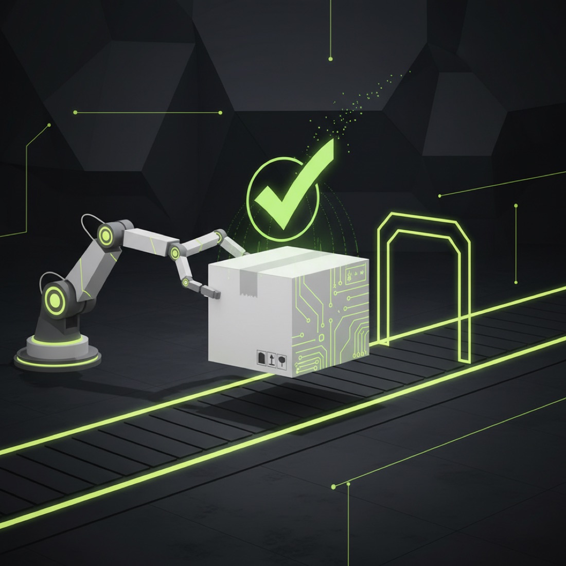完成した箱入りIoT製品が出荷エリアへ運ばれ、緑のチェックマークが付いている — 達成感